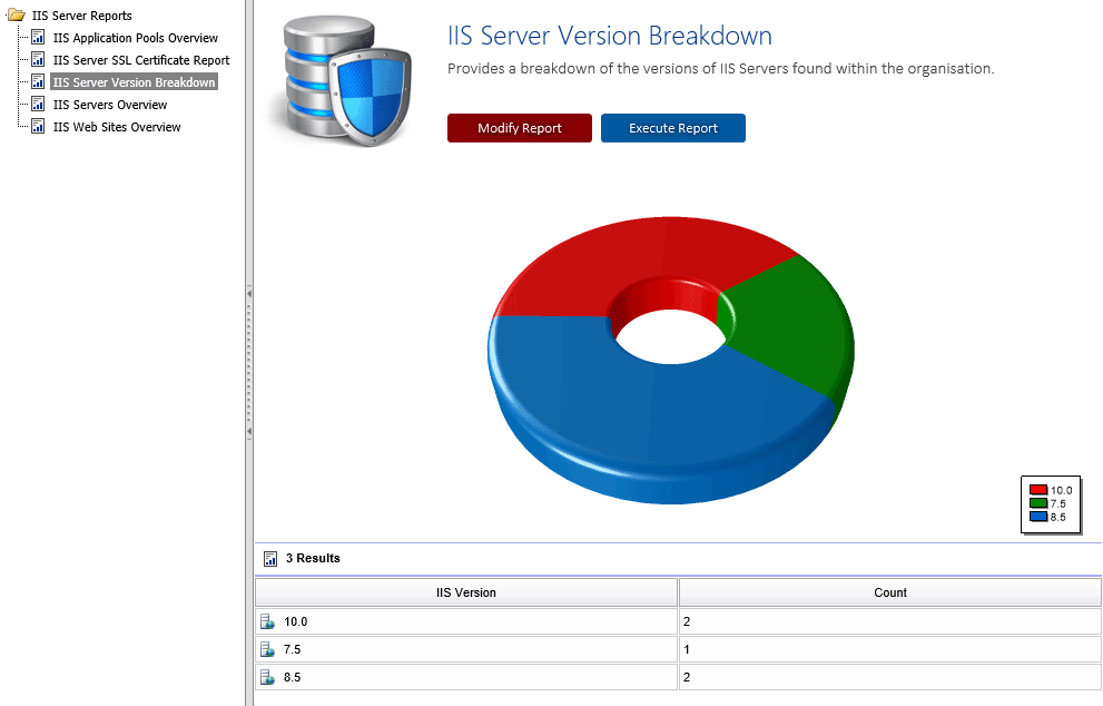 Screenshot of the IIS server version breakdown report in the XIA Configuration web interface