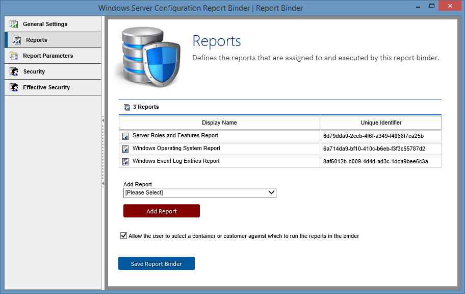 Screenshot showing the reports added to a report binder