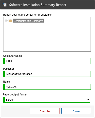 Screenshot showing the software installation report filters
