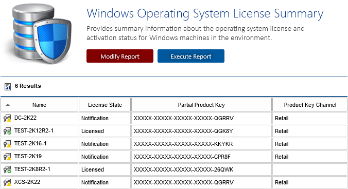Screenshot showing the Windows operating system license report results in the XIA Configuration web interface