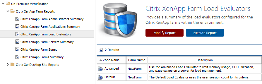 Screenshot of the Citrix XenApp farm load evaluators report in the XIA Configuration web interface