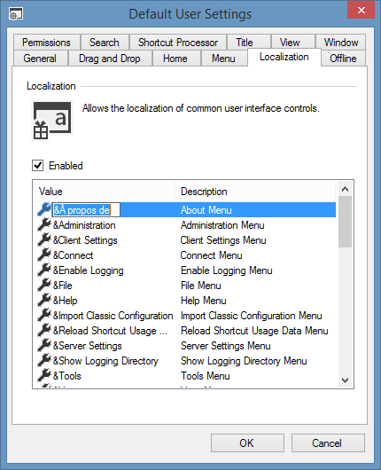 Screenshot showing localization settings in the XIA Links interface