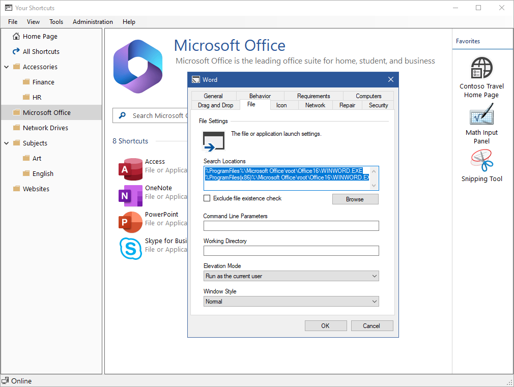 Screenshot of application location settings in the XIA Links interface